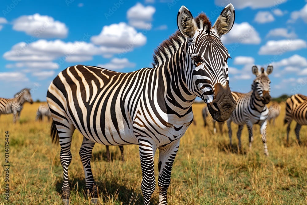 Obraz premium A herd of zebras grazing in the savannah, with their black-and-white stripes contrasting against the golden grasses and blue sky, showcasing the diverse wildlife of the savannah