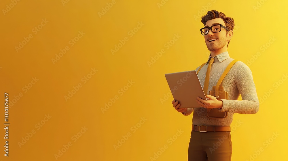 A cartoon man in glasses smiles and looks up while holding a tablet in front of a bright yellow background. A cartoon man in glasses smiles and looks up while holding a tablet in front of a bright yellow background.