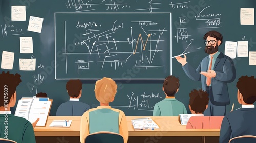 Students in a classroom listening to their teacher explaining a graph on the blackboard photo