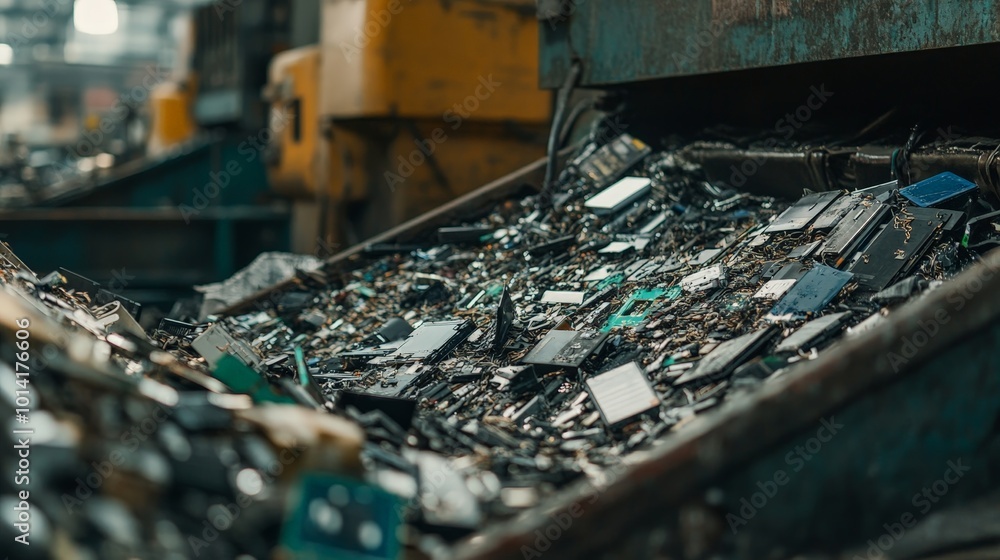 E-waste recycling plant processing electronic waste into reusable components and valuable metals for new manufacturing. E-waste recycling plant processing electronic waste into reusable components and valuable metals for new manufacturing.