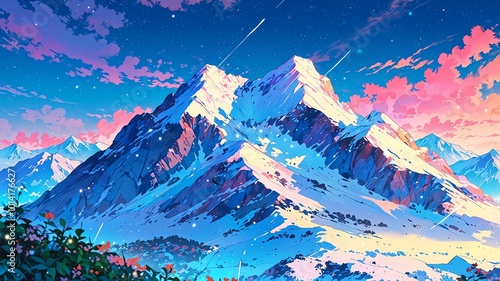 Aesthetic pastel colored anime style snowy mountain with a pinch of neon lit background