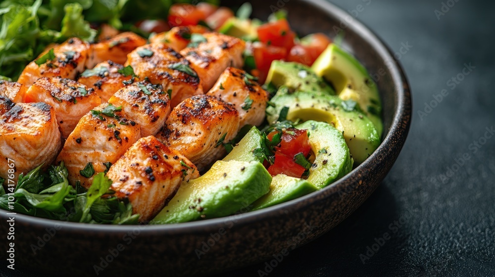 Grilled salmon with avocado, tomatoes, and greens in a bowl. Grilled salmon with avocado, tomatoes, and greens in a bowl.