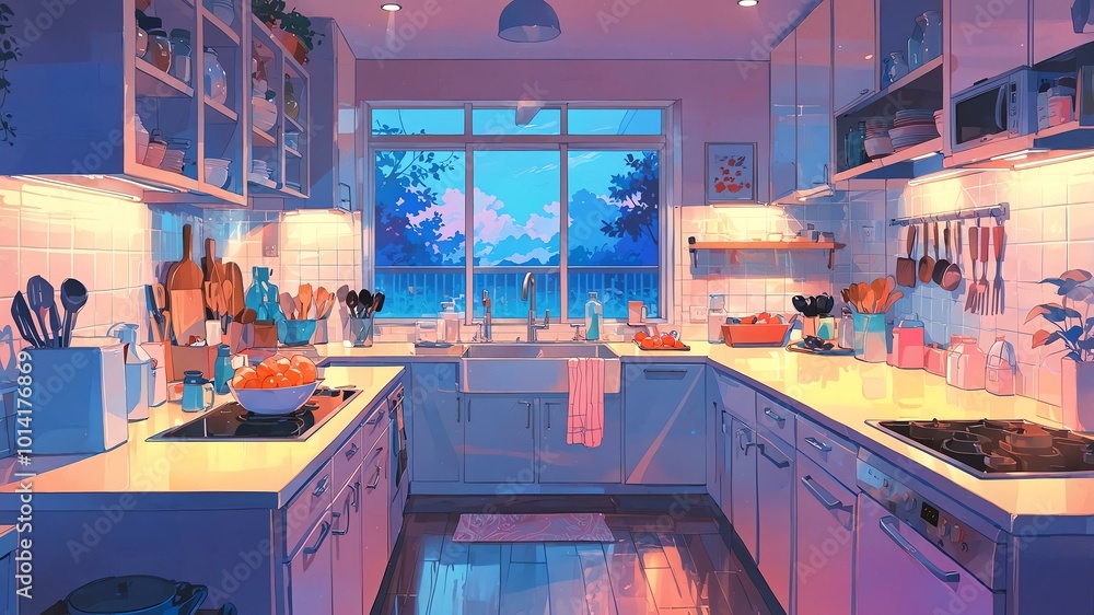 Aesthetic pastel colored anime style kitchen with a pinch of neon lit background