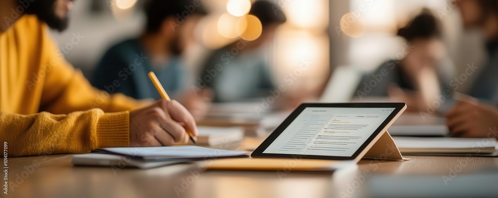 A focused workspace with individuals collaborating, using a tablet, notebook, and pen for effective teamwork and creative brainstorming. A focused workspace with individuals collaborating, using a tablet, notebook, and pen for effective teamwork and creative brainstorming.