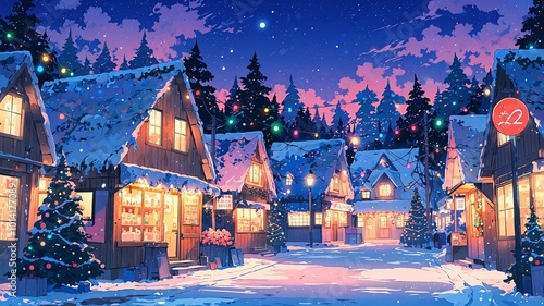 Aesthetic pastel colored anime style Christmas village with a pinch of neon lit background
