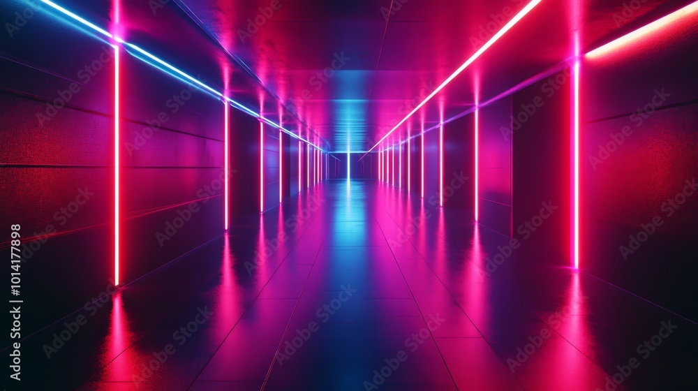 Futuristic neon hallway with vibrant pink and blue lights, abstract perspective. Modern design and technology concept Futuristic neon hallway with vibrant pink and blue lights, abstract perspective. Modern design and technology concept