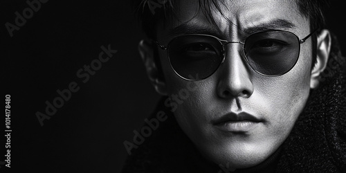 black and white portrait of man wearing sunglasses - mysterious and moody stock photo