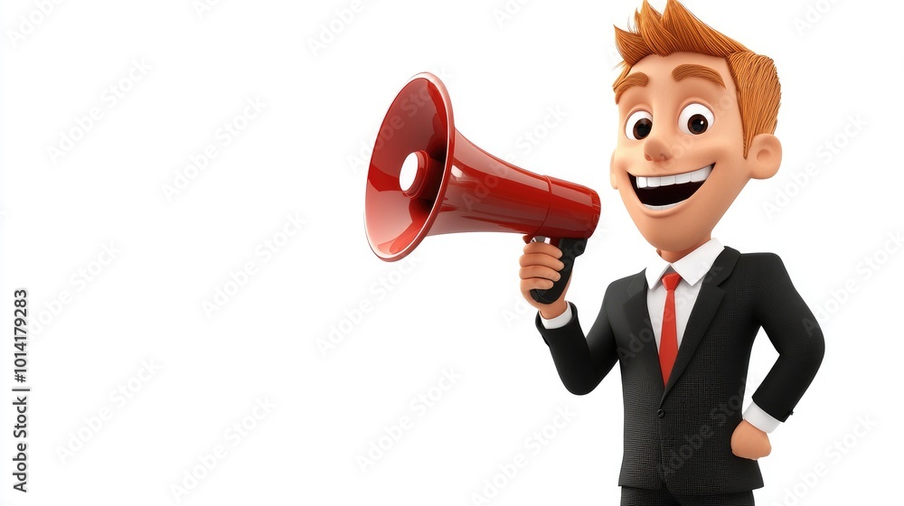 A cartoon businessman in a suit holds a red megaphone and smiles. A cartoon businessman in a suit holds a red megaphone and smiles.