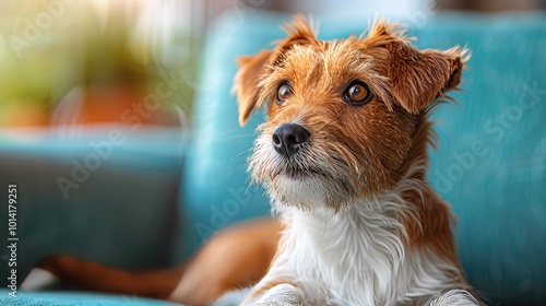 Curious Dog with Attentive Expression, Looking Up Hopefully While Relaxing on a Blue Couch, with copy space photo