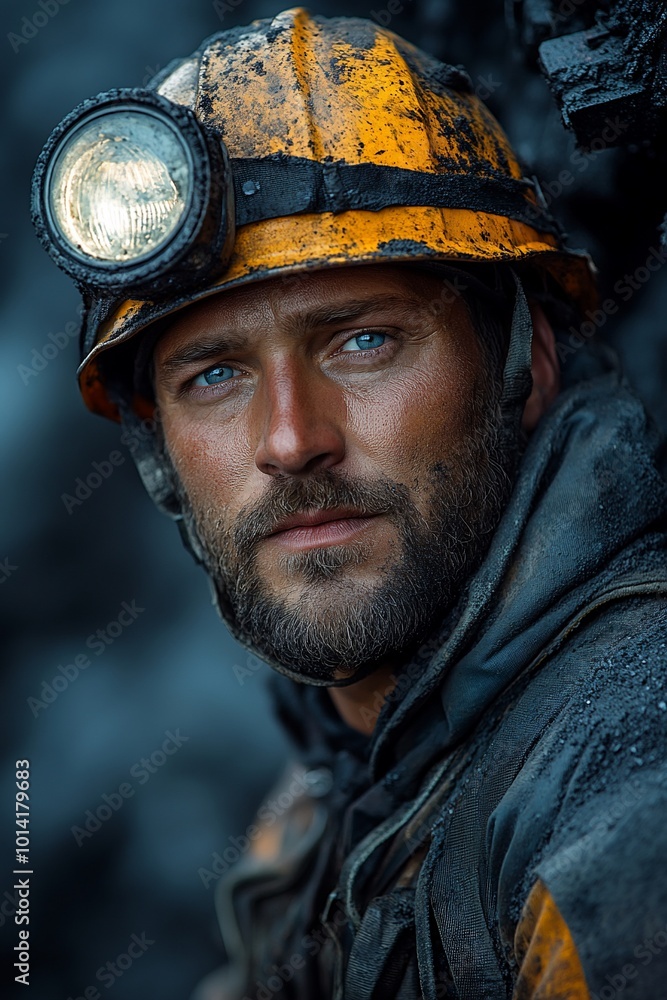 A close-up portrait of a male coal miner in a dark mine, wearing a hard hat and headlamp. He stares intently at the camera, his face smudged with coal dust. A close-up portrait of a male coal miner in a dark mine, wearing a hard hat and headlamp. He stares intently at the camera, his face smudged with coal dust.