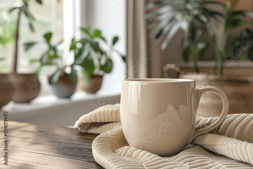 A cozy scene featuring a white mug on a textured blanket, surrounded by lush green plants in a sunlit room.