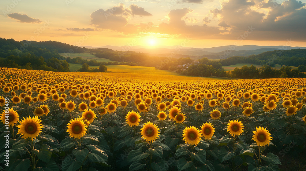 Obraz premium Sunlit Field of Blooming Sunflowers Under a Vibrant Sky