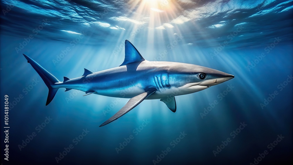 A minimalist stock photo of a Blue Shark Prionace glauca gracefully swimming in the Atlantic Ocean, motion, movement, stock photo, streamline, ocean, fish, nature, sleek, carnivorous A minimalist stock photo of a Blue Shark Prionace glauca gracefully swimming in the Atlantic Ocean, motion, movement, stock photo, streamline, ocean, fish, nature, sleek, carnivorous