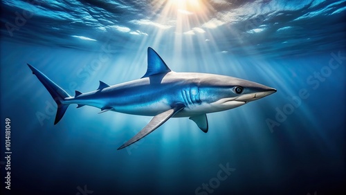 A minimalist stock photo of a Blue Shark Prionace glauca gracefully swimming in the Atlantic Ocean, motion, movement, stock photo, streamline, ocean, fish, nature, sleek, carnivorous photo