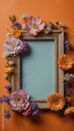 Picture frame floral arrangement with colorful blooms on orange background.