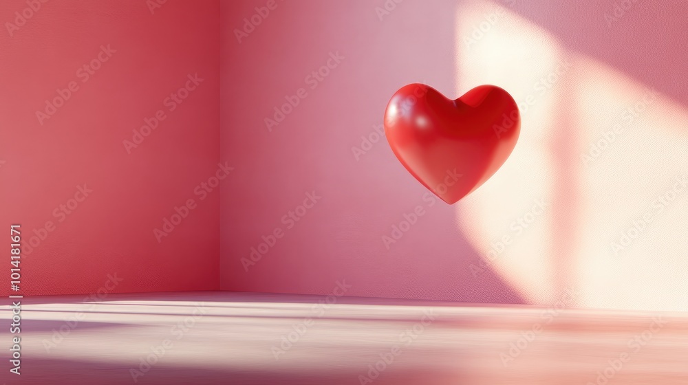 A red heart shape floating in a pink room with sunlight streaming in from a window. A red heart shape floating in a pink room with sunlight streaming in from a window.
