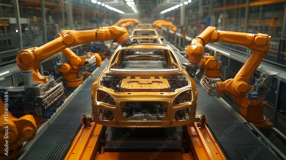 Robots assembling cars industrial robotics showcasing precision speed machinery. AI generated Robots assembling cars industrial robotics showcasing precision speed machinery. AI generated
