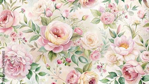 A Delicate Watercolor Floral Pattern Featuring Lush Pink Roses, Delicate White Blossoms, and Green Foliage, Creating a Romantic and Elegant Visual Symphony