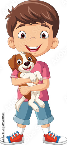 Cartoon little boy holding a dog