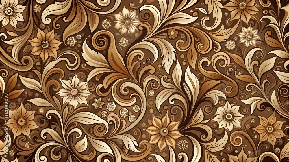 A swirling tapestry of delicate floral patterns, each blossom a luminous pearl against a rich, textured brown backdrop. A swirling tapestry of delicate floral patterns, each blossom a luminous pearl against a rich, textured brown backdrop.
