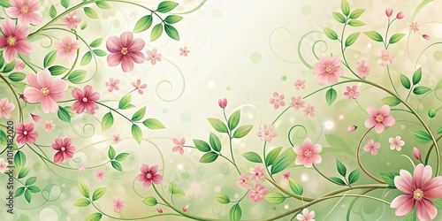 Delicate Pink Blossoms Adorned with Lush Greenery on a Soft, Whimsical Background