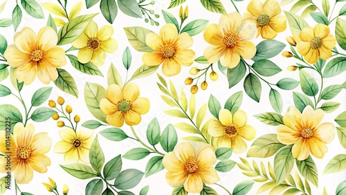 Wallpaper Mural A Delicate Watercolor Pattern of Yellow Flowers and Lush Greenery on a White Background Torontodigital.ca