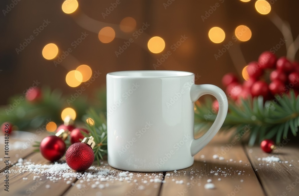 Festive white mug with sparkles and decorations on a wooden table during the holiday season Festive white mug with sparkles and decorations on a wooden table during the holiday season