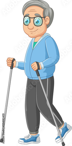 Illustration of elderly man with nordic walking