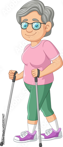 Illustration of elderly woman with nordic walking