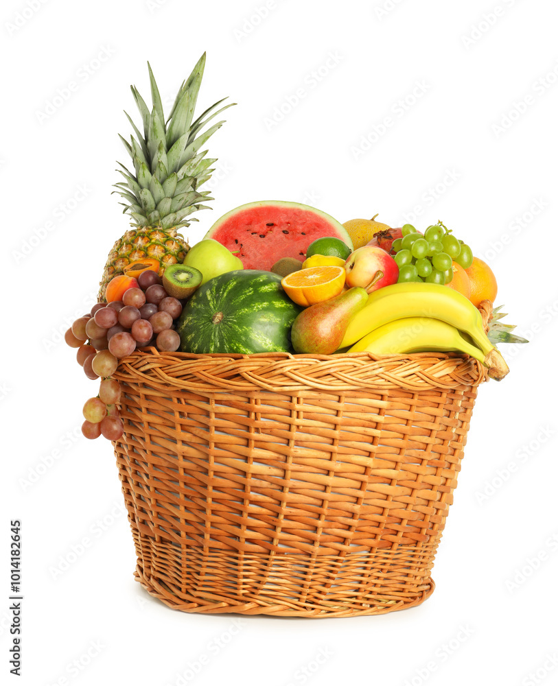 Many different fresh fruits in wicker basket isolated on white Many different fresh fruits in wicker basket isolated on white