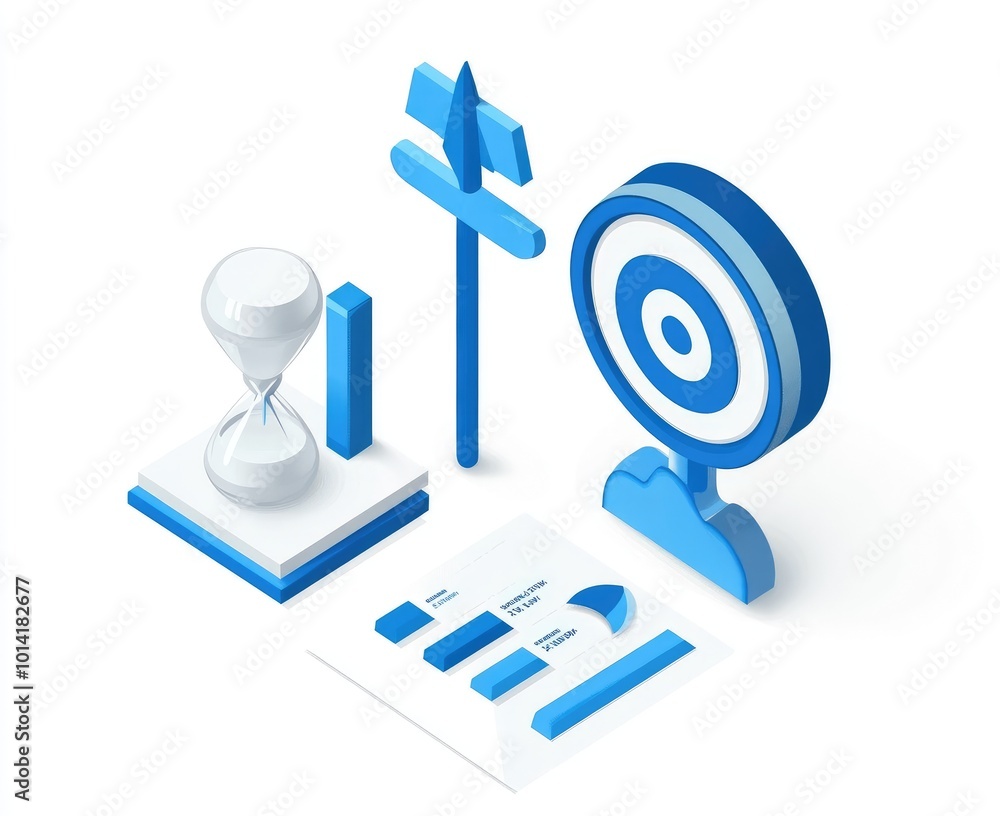 Isometric illustration of business strategy with target, hourglass, and chart. Isometric illustration of business strategy with target, hourglass, and chart.