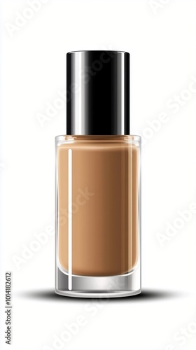 Elegant glass bottle of liquid foundation makeup in a warm beige tone, featuring a sleek black cap and clear container on white background.