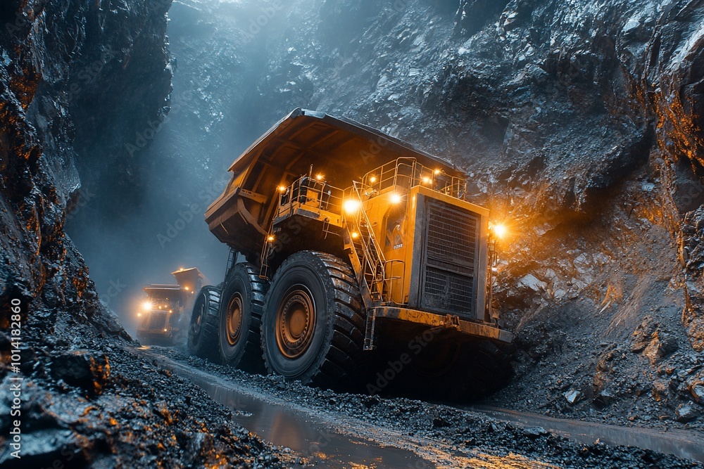 A large yellow mining truck drives through a dark, narrow tunnel in a coal mine. A large yellow mining truck drives through a dark, narrow tunnel in a coal mine.