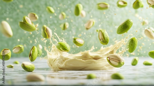 A splash of white cream with pistachios flying around it on a green background. photo