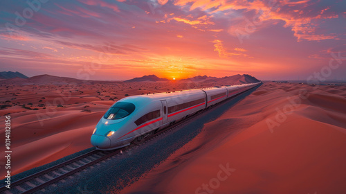 Modern High-Speed Train in a Vast Desert Landscape at Sunset, Transportation Technology