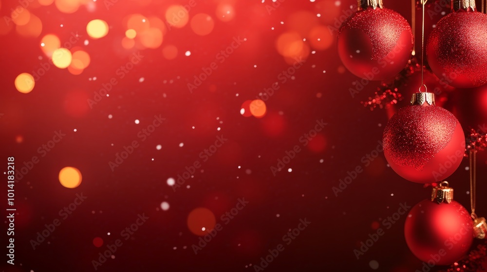 A classic Christmas background featuring red baubles hanging with golden strings against a red background with bokeh lights and snowflakes for a festive feel. A classic Christmas background featuring red baubles hanging with golden strings against a red background with bokeh lights and snowflakes for a festive feel.