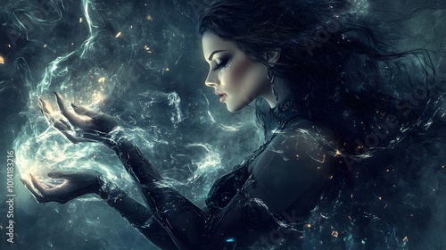 A dark sorceress casting a spell with shadowy tendrils extending from her hands