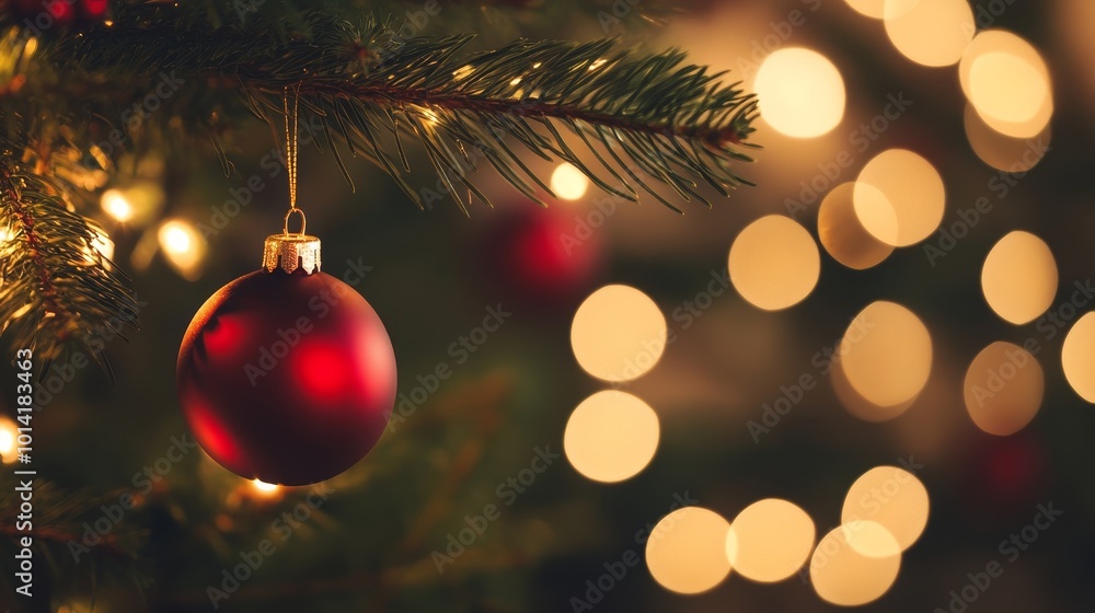 Fototapeta premium A close-up shot of a red Christmas ornament hanging on a Christmas tree, with warm, twinkling lights creating a festive ambiance.