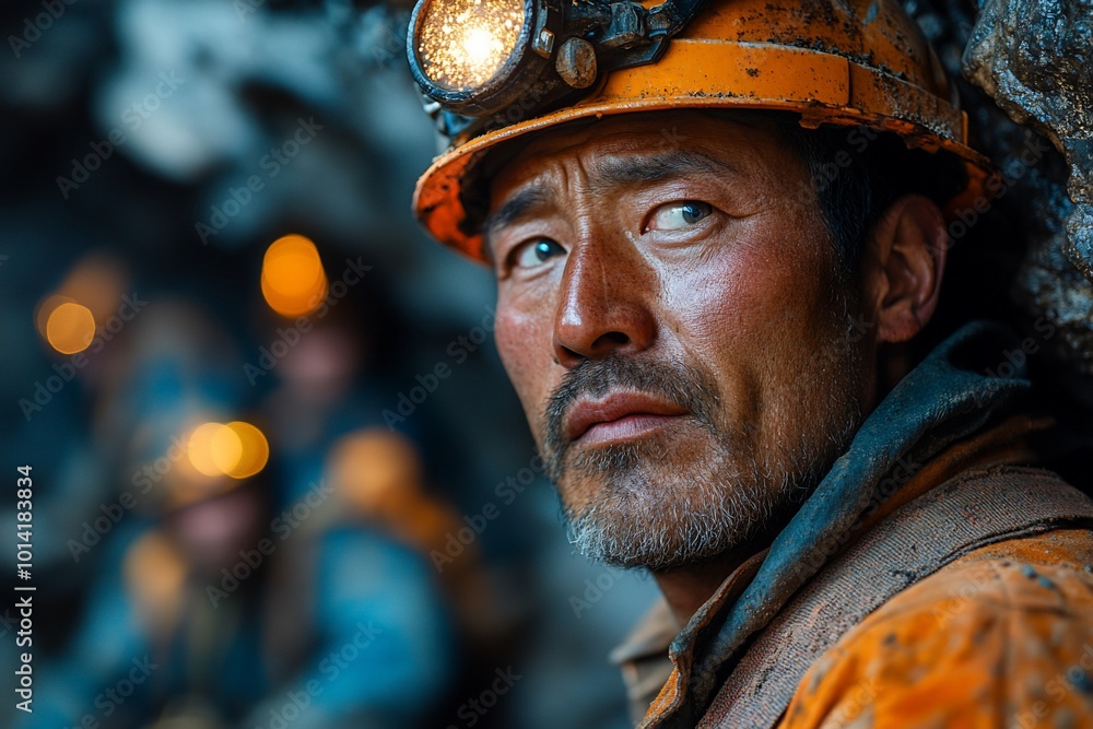 A miner in a dark underground tunnel looks directly at the camera, with other miners in the background. A miner in a dark underground tunnel looks directly at the camera, with other miners in the background.