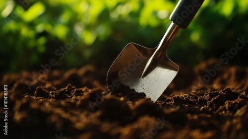 A dirty trowel rests in freshly turned soil, a symbol of archaeological exploration, discovery, and the past.