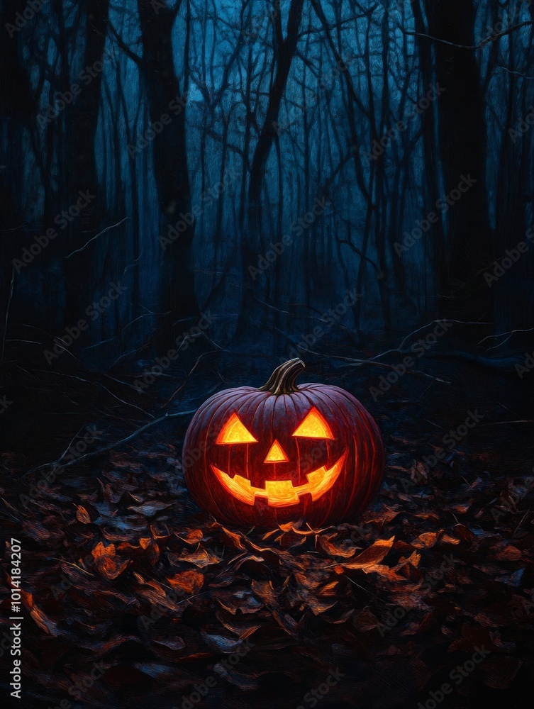 A glowing jack-o'-lantern sits in the middle of a dark forest path, surrounded by fallen leaves, symbolizing Halloween, autumn, spooky, nature, and magic. A glowing jack-o'-lantern sits in the middle of a dark forest path, surrounded by fallen leaves, symbolizing Halloween, autumn, spooky, nature, and magic.