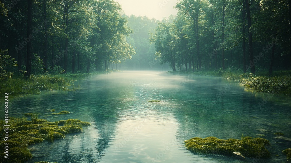 A misty morning in a lush forest with a calm river. A misty morning in a lush forest with a calm river.