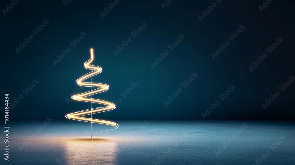 Obraz premium A minimalist Christmas tree design featuring a light trail in the shape of a tree on a dark blue background, symbolizing light, hope, celebration, winter, and holiday spirit.