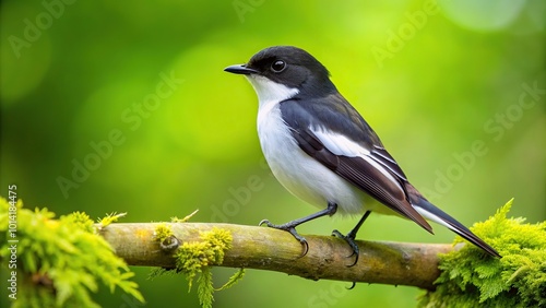 hoto A panoramic photograph capturing the European pied flycatcher Ficedula hypoleuca perched on a branch showcasing its beautiful black and white plumage and alert expression in a lush green forest photo