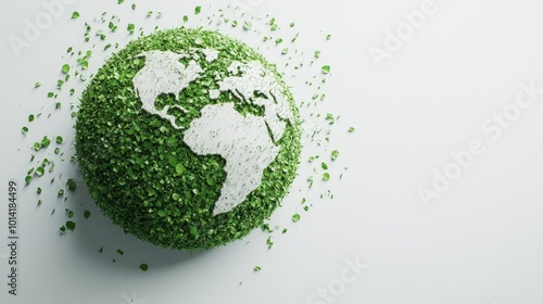 Green globe with white continents and scattered leaves, symbolizing environmental care.