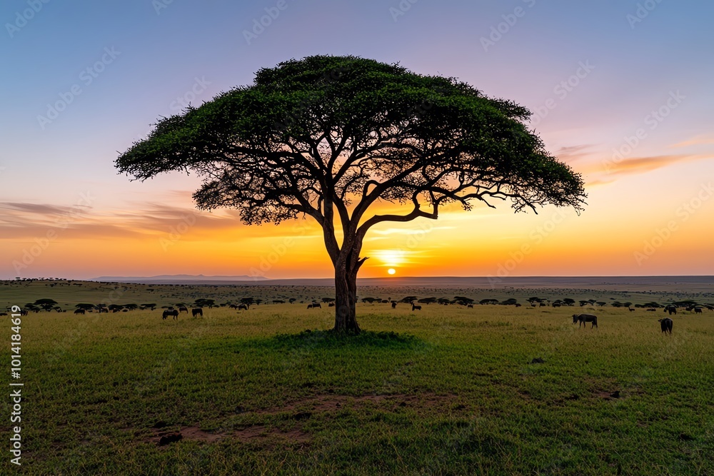 A wide-angle view of the savannah at dusk, with animals silhouetted against the setting sun and the sky painted in shades of orange and pink, capturing the serene beauty of the landscape A wide-angle view of the savannah at dusk, with animals silhouetted against the setting sun and the sky painted in shades of orange and pink, capturing the serene beauty of the landscape