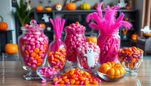 A vibrant Halloween-themed candy display featuring glass jars filled with pink and orange sweets, surrounded by decorative pumpkins and seasonal decor.