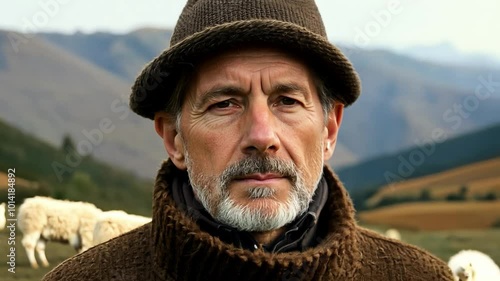 Shepherd posing with flock of sheep in the mountains