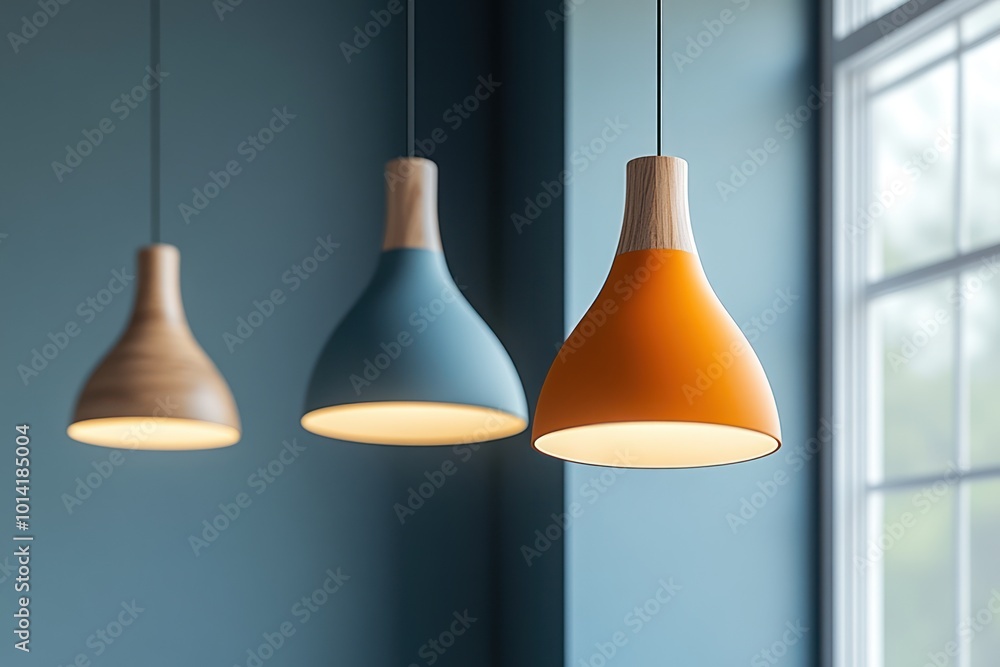 Obraz premium Three Hanging Lamps with Wood and Blue and Orange Colors