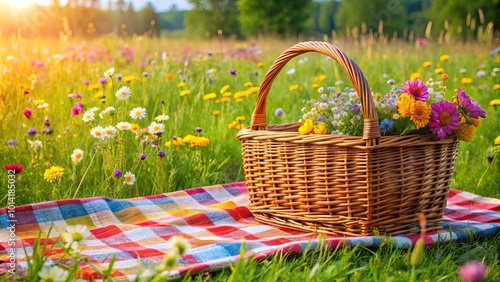 A woven basket filled with wildflowers rests on a colorful checkered picnic blanket in a vibrant field of blooming blossoms.